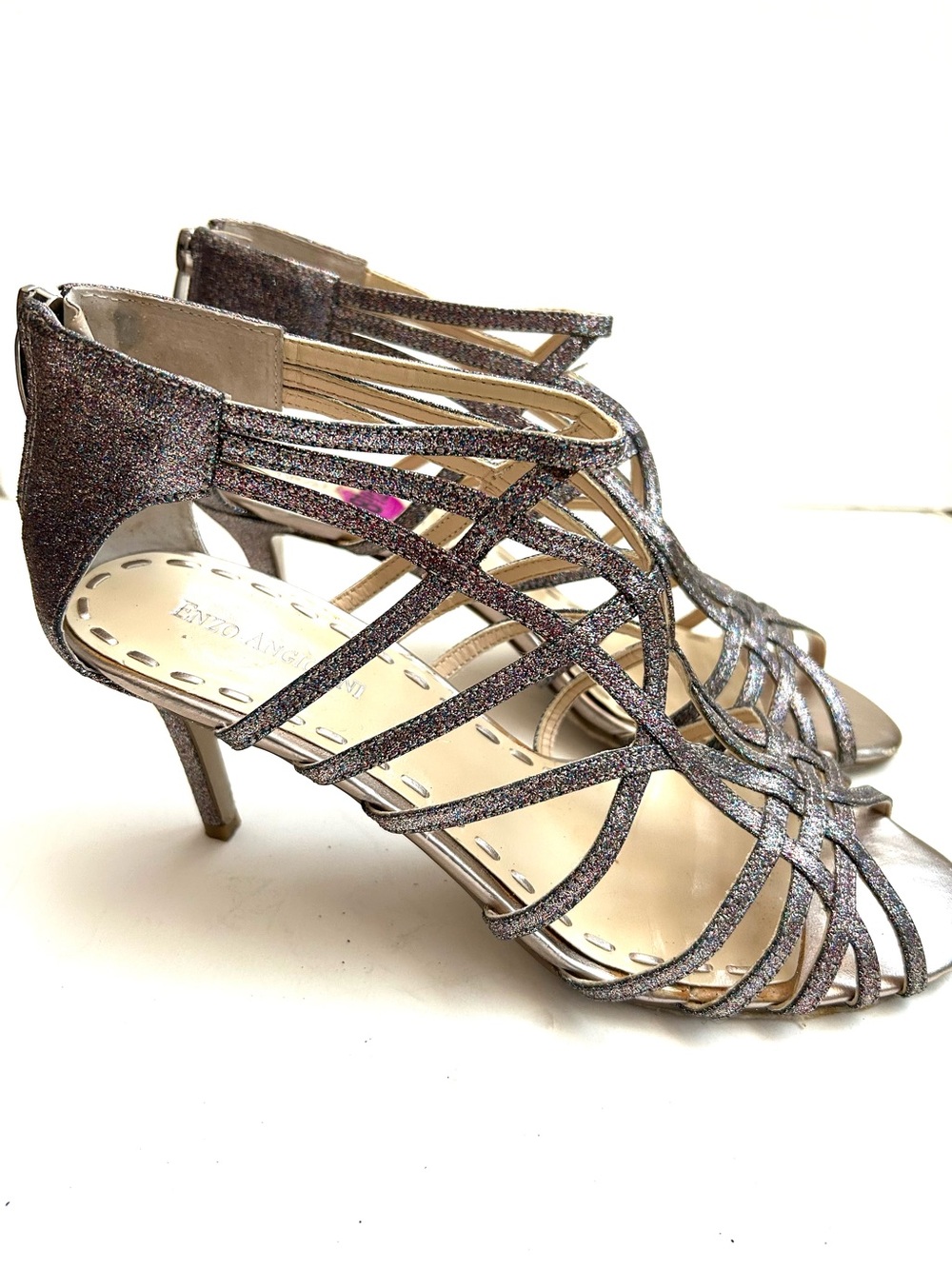 Caged Heels 3 inch Heel open toes Metallic Silver Shoes Enzo Angiolini 8.5
